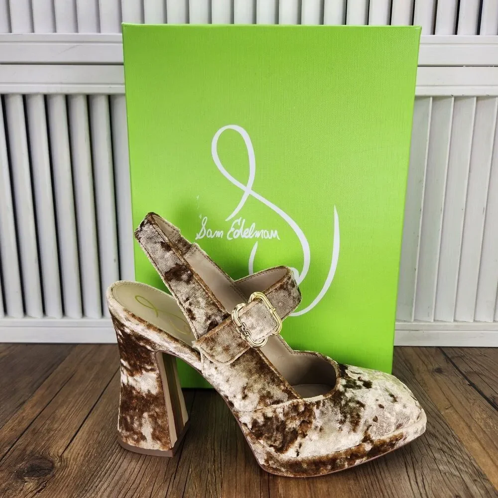 Sam Edelman Jildie Prosecco Velvet Womens Size 8.5 M Gold Mary Jane Heels Shoes